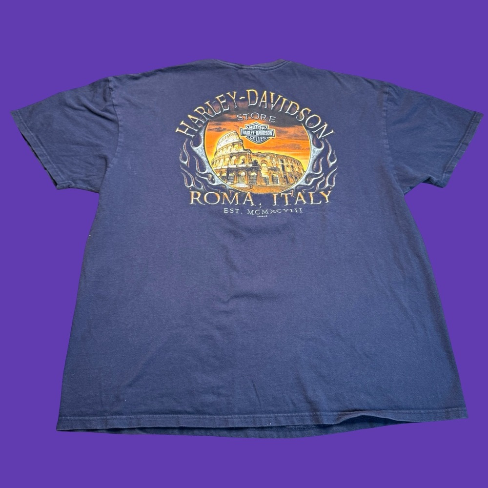 Harley Davidson T Shirt 2XL Roma Italy Blue Motorcycle Graphic Biker Faded